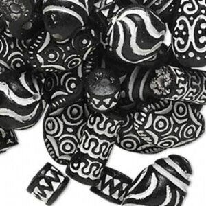 Vintage Ethnic African Tribal Clay Beads Black White 12 pcs